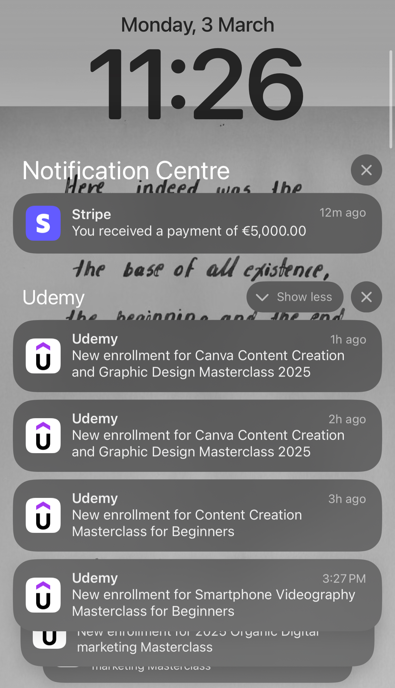 iPhone lock screen showing Stripe €5,000 payment and a stream of Udemy enrollment notifications
