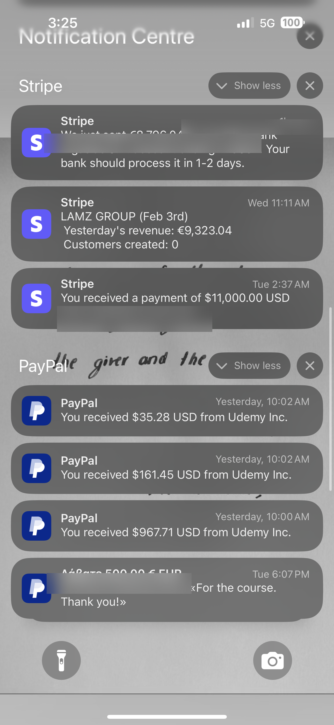 iPhone notification centre showing Stripe and PayPal payouts including an €8,796 bank transfer and several USD payments. Customer name redacted for privacy