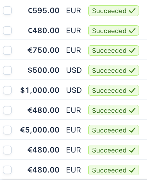 Stripe payments dashboard showing a list of successful payments in EUR and USD, ranging from €480 to €5,000, all marked Succeeded