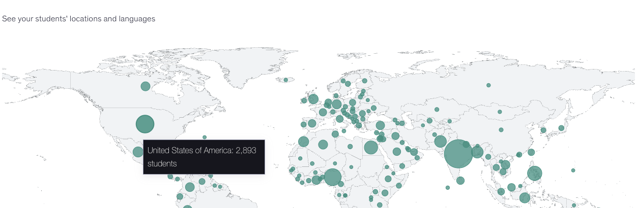 World map showing Skillshare student locations as cluster dots across 42+ countries, with the United States holding 2,893 students